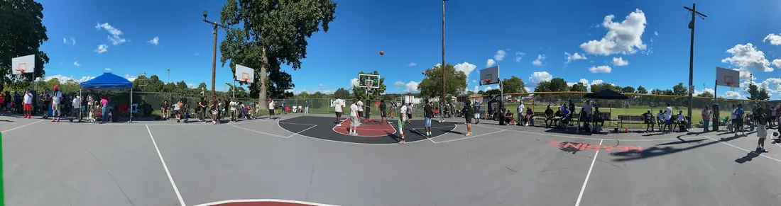 Panorama of the full outdoor court and crowd at the 2nd Annual Legends Only Basketball Tournament, Pixel Perfect Visuals